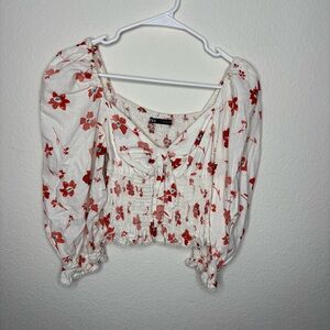 Zara puff sleeve Floral White and Red Top